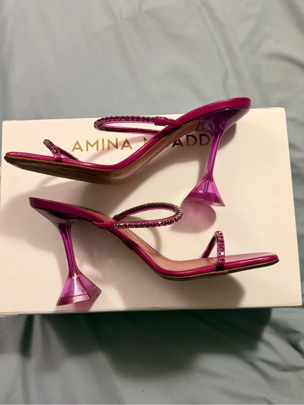 Amina Muaddi Gilda Glass Magenta Pink Heels